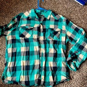 Teal, black, white button shirt